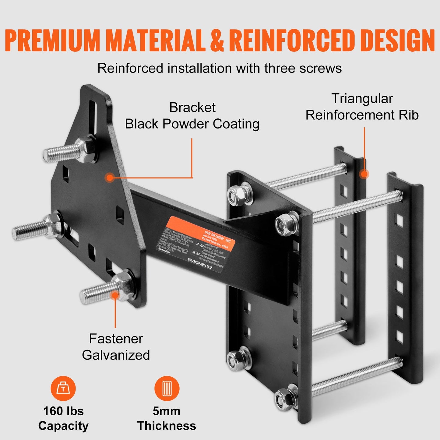 Trailer Spare Tire Carrier Mount 160 LBS – Steel Universal Spare Tire Holder for Utility Marine Trailer, Fits 4 5 6 8 Lug Wheels