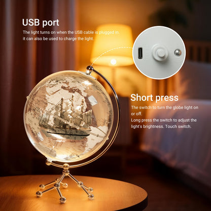 LED Lighted Globe for Kids & Adults 7.87 Inch Clear Acrylic Earth Globe Warm White Light Metal Stand Detailed World Map | Desktop Bookshelf