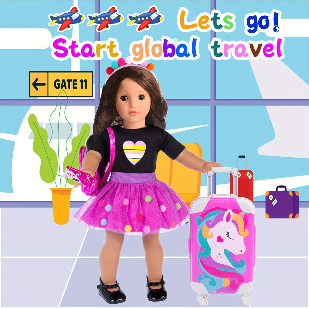 18 Inch Doll Travel Accessories Set 25 Pcs, Unicorn Suitcase Roller Skates Backpack Outfit Hairpins School Supplies