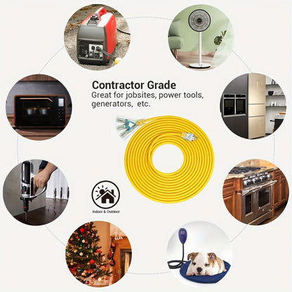 Yellow 25-Foot 14/3 Extension Cord with Three-Outlet Lighted Tri-Tap, 15A 125V and 1875W Label