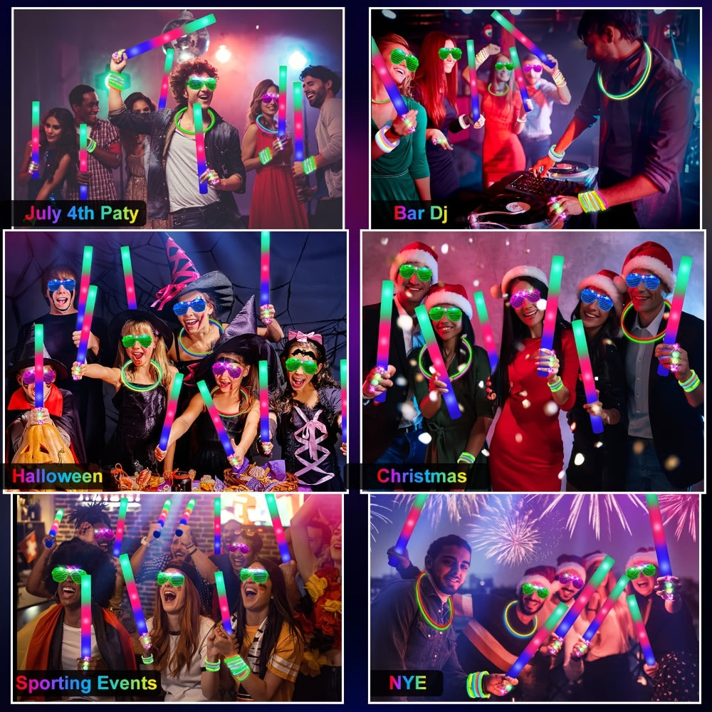 LED Glow Sticks Party Set, Foam Glow Sticks with 3 Light Modes, Glow Glasses, Headbands & Finger Lights for Rave