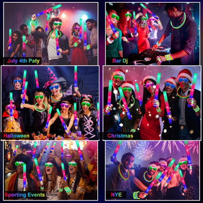 LED Glow Sticks Party Set, Foam Glow Sticks with 3 Light Modes, Glow Glasses, Headbands & Finger Lights for Rave