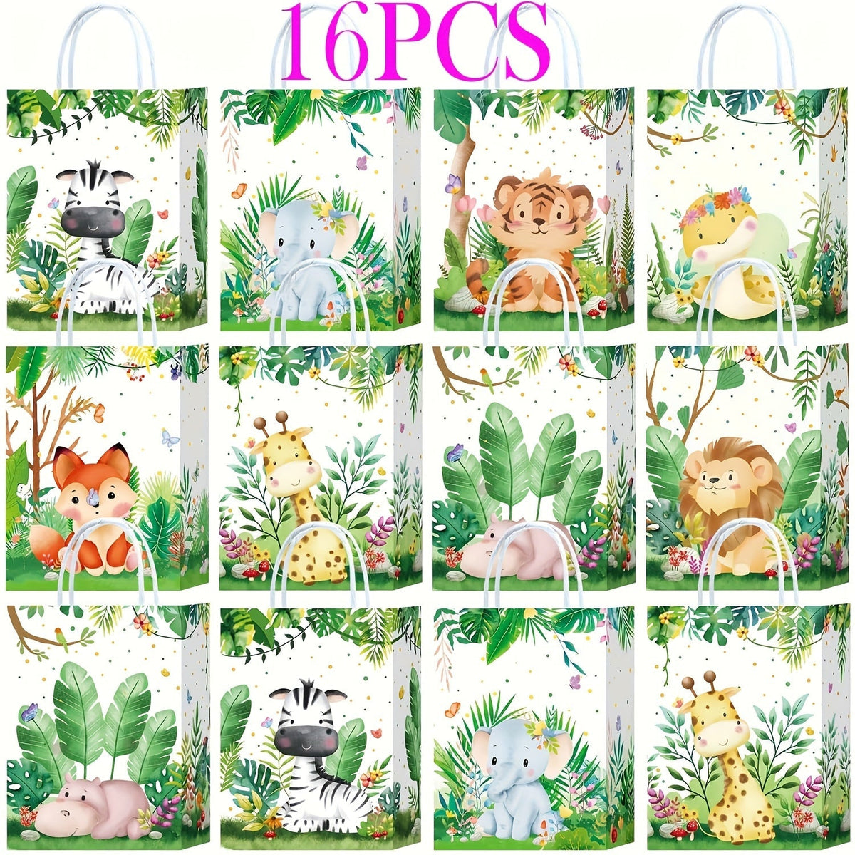 Party Favor Bags Safari Animals Jungle Theme Woodland Print Paper Goodie Bags with Handles for Kids Birthday Party Candy Gift Bags 8 Styles