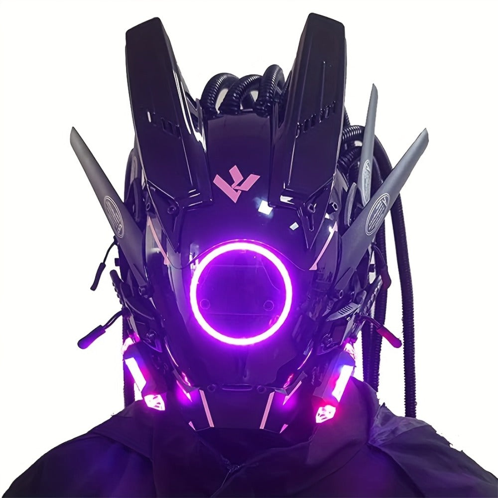 LED Cyberpunk Samurai Mask with Braids, Futuristic Sci-Fi Mechanical Face Mask for Halloween, Cosplay