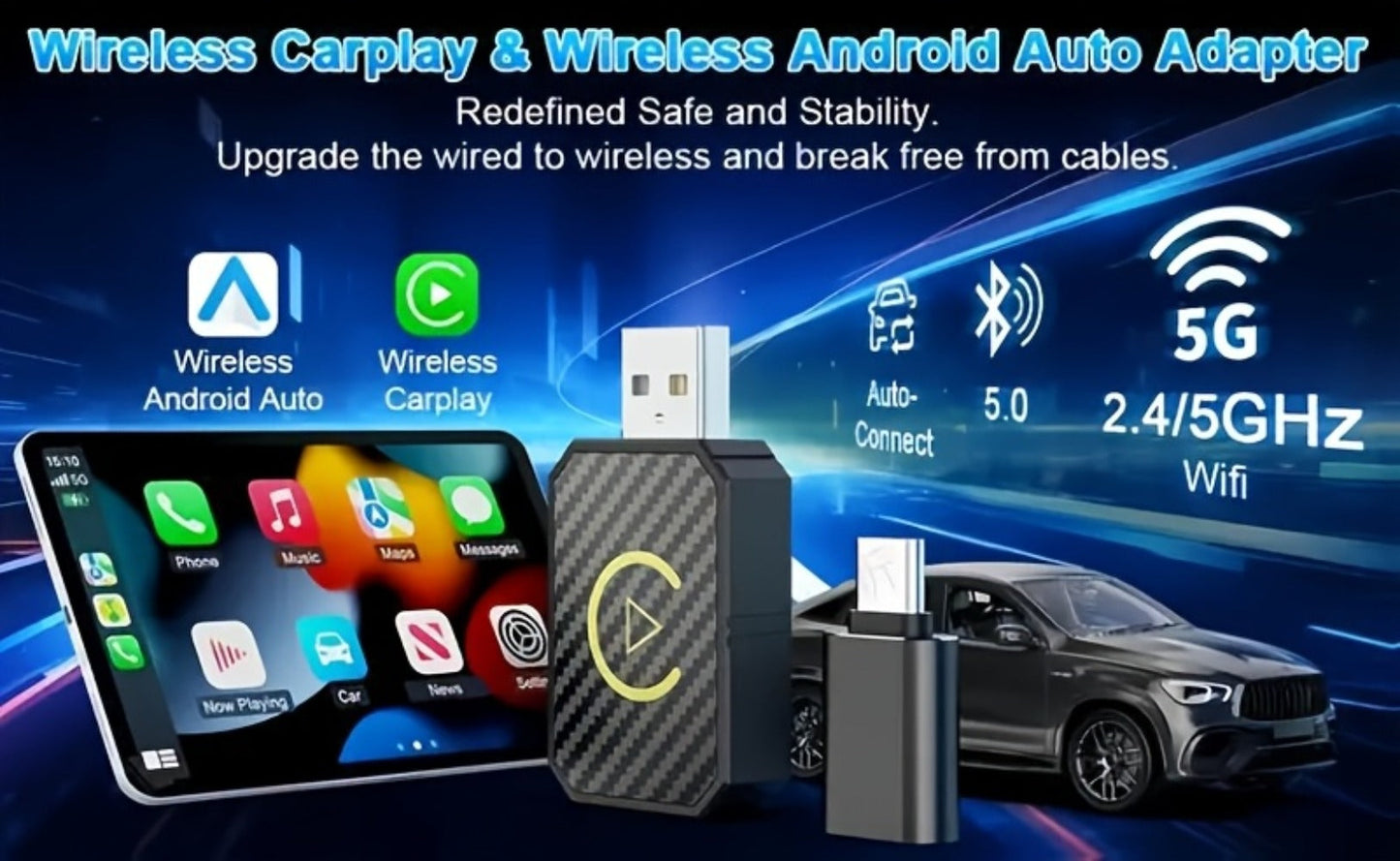 Mini Wired-to-Wireless CarPlay Adapter with USB-A Plug and USB-C Adapter in USB Set Pictured