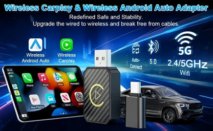 Mini Wired-to-Wireless CarPlay Adapter with USB-A Plug and USB-C Adapter in USB Set Pictured