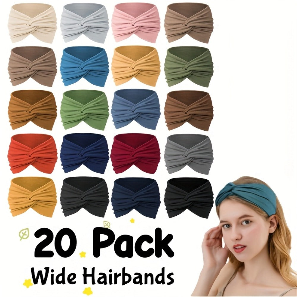 Stretchy Headbands 20 Pack for Women & Men – Soft Sweat-Wicking Non-Slip Elastic Turban Knot Hair Wraps Breathable Solid Colors for Yoga