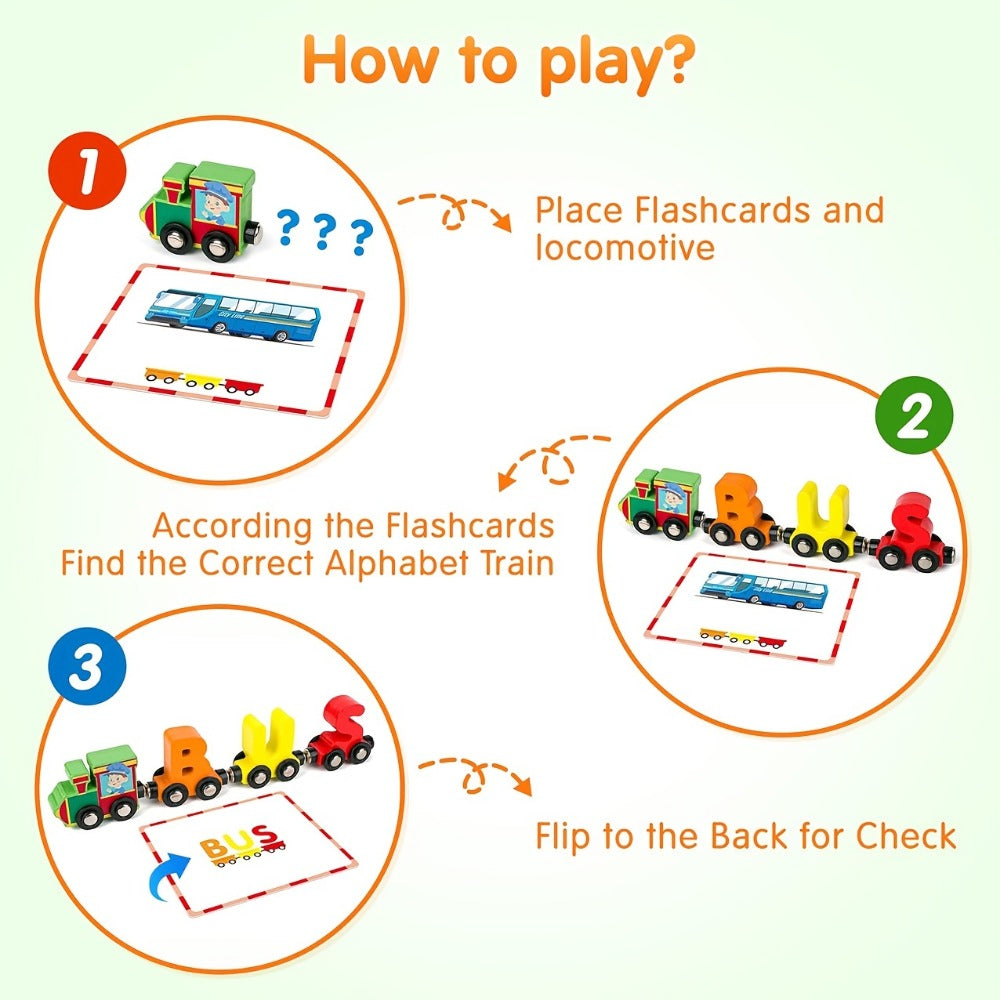Magnetic Wooden Alphabet Train Set 27PCS ABC Letter Learning Toy with 42 Double-Sided Flash Cards