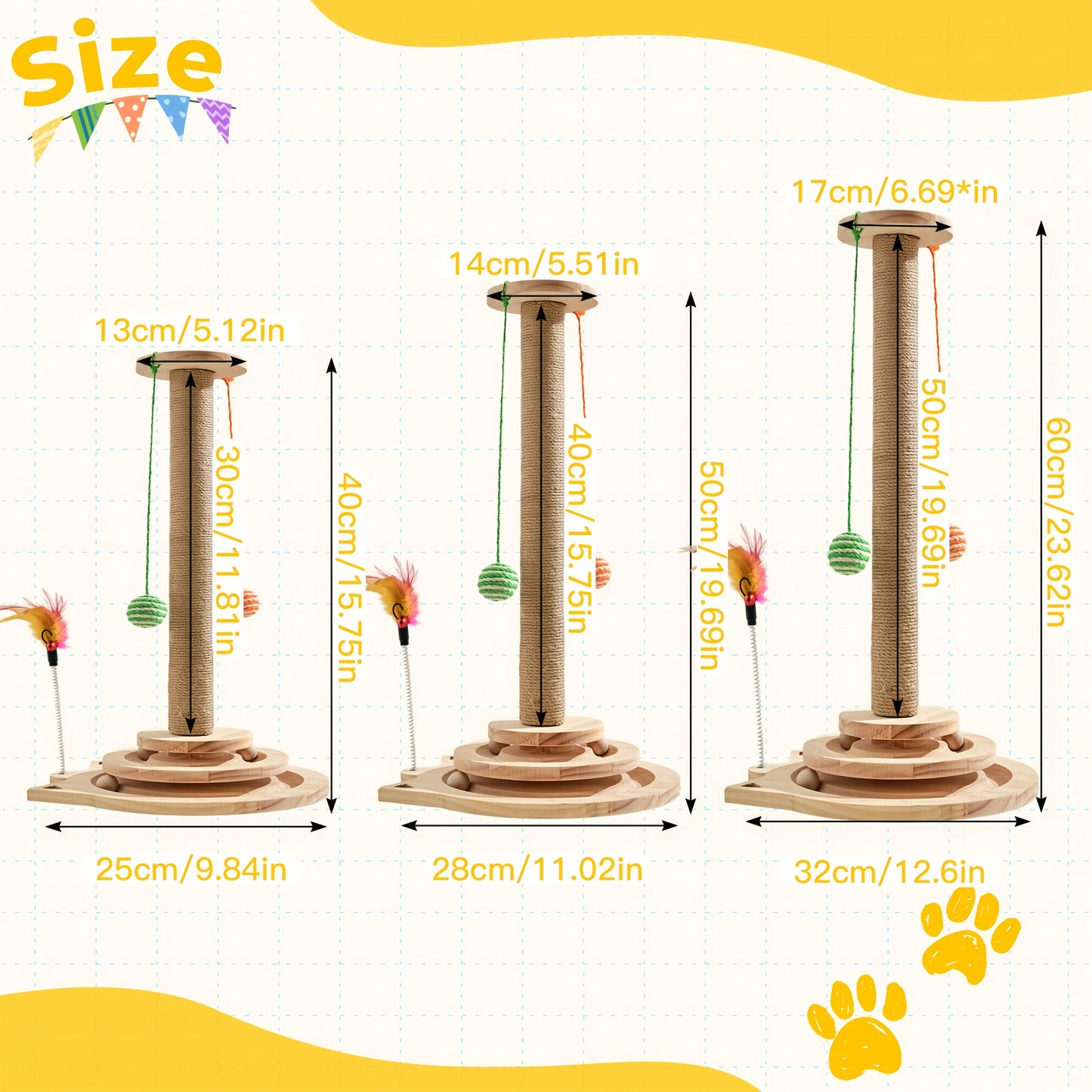 Multi-Level Sisal Cat Scratching Post 4-in-1 with 6 Wooden Balls 2 Hanging Balls & 2 Feather Teaser Toys – Premium Thickened Sisal Anti-Slip