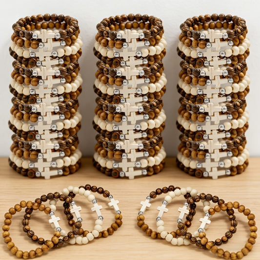 Cross Bracelets Bulk for Baptism Party Favors, 20/40PCS Vintage Ethnic Alloy Cross Pendant Woven Elastic Bracelets
