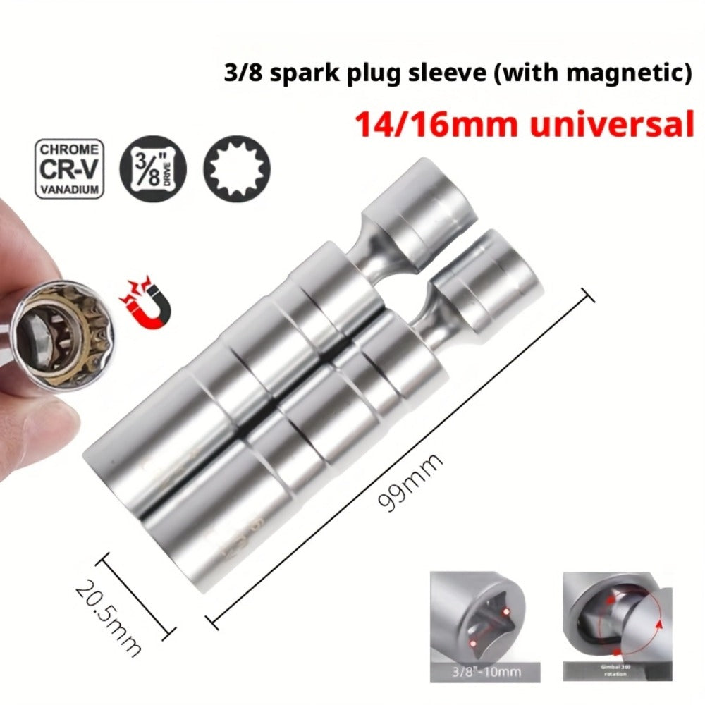 Magnetic Spark Plug Socket Set 14mm 16mm with 3/8" Drive Alloy Steel Ratchet Wrench 2-Piece Universal Spark Plug Removal Tool Kit for Car