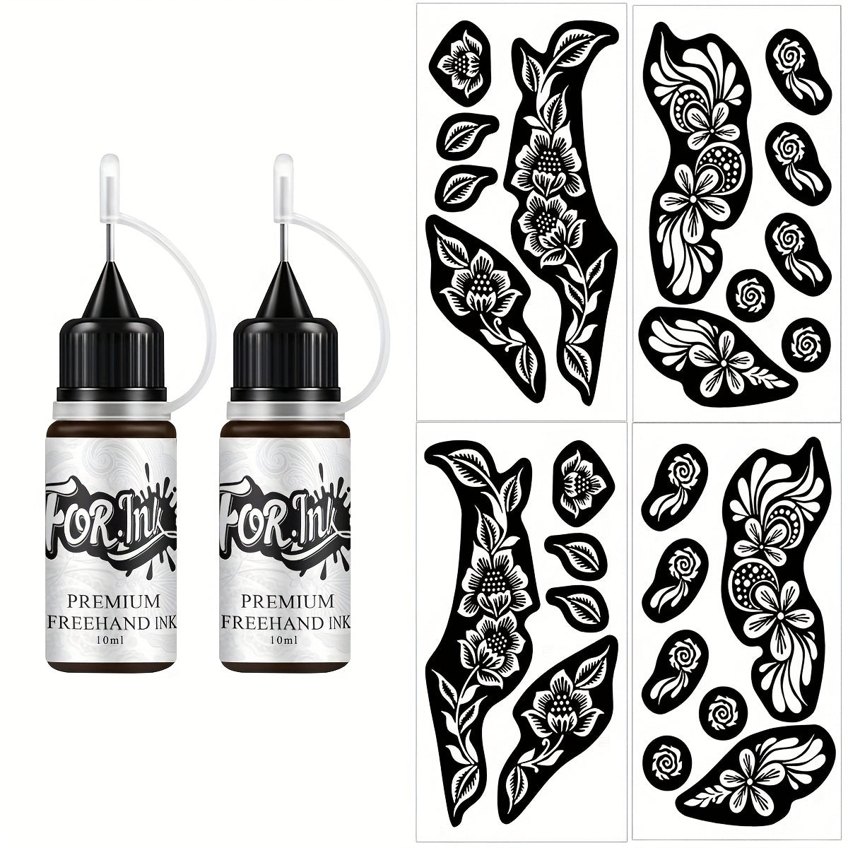 Tattoo Stencil Kit with Brown Paste Ink & Flash Spray, Pre-Cut Hollow Template DIY Freehand Henna Style
