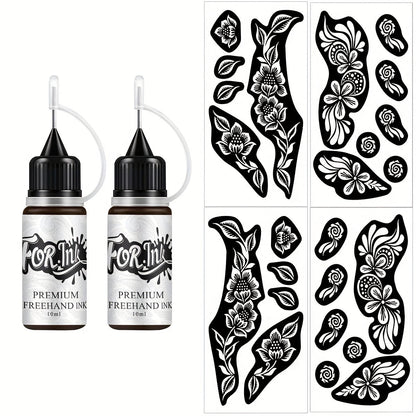 Tattoo Stencil Kit with Brown Paste Ink & Flash Spray, Pre-Cut Hollow Template DIY Freehand Henna Style