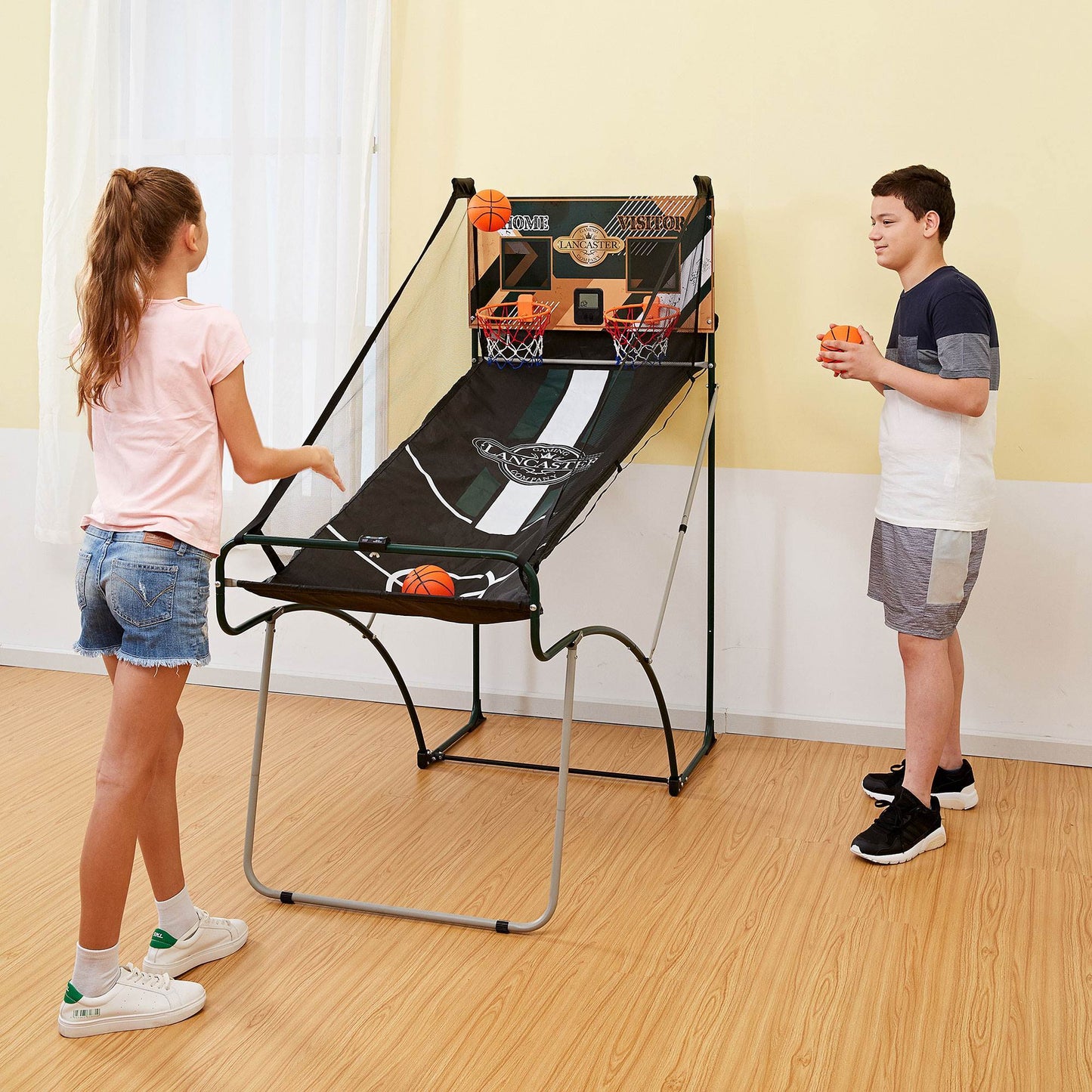 2 Player Indoor Basketball Arcade Game EZ Fold – Dual Hoop Shot Challenge with LED Scoring, 8 Game Modes, 3 Basketballs & Air Pump