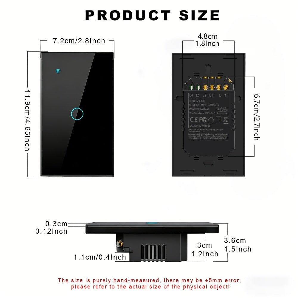 Black Glass WiFi Touch Wall Switch with One-, Two-, Three- or Four-Gang US-Style Options and Neutral-Wire Wiring
