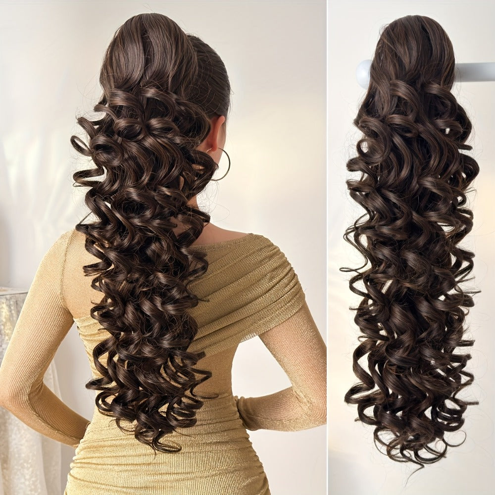 Curly Ponytail Extension 28 Inch Long Heat Resistant Synthetic Clip In Wrap Around Hairpiece Voluminous Bouncy Curls 4 Styles for Women