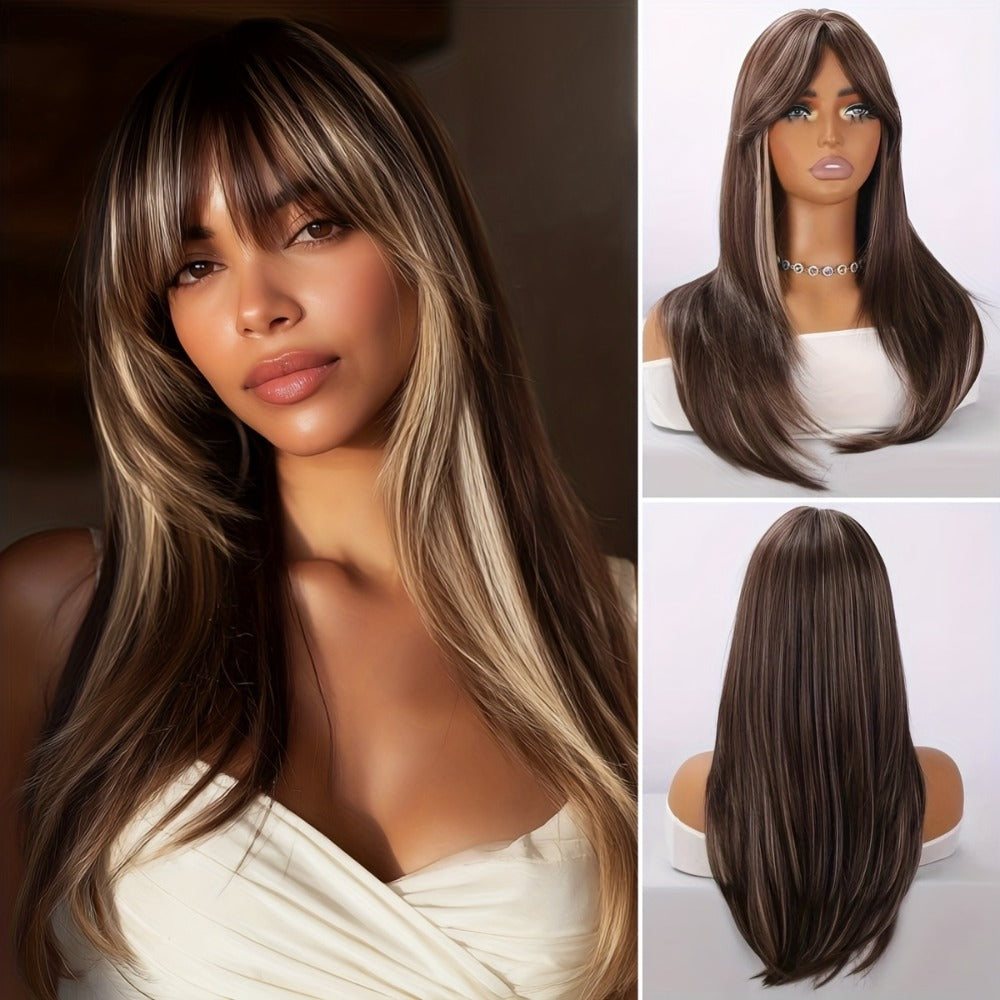 Synthetic Wig 26-Inch Milky White Ombre Straight Style with A-Line Bangs and Glue-Free Cap
