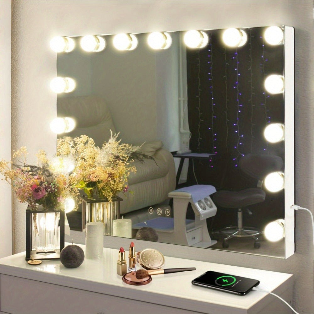 Hollywood Vanity Mirror with 15 LED Bulbs, 23 x 19 Inch Frame, Three Brightness Levels and White Base