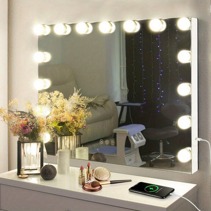 Hollywood Vanity Mirror with 15 LED Bulbs, 23 x 19 Inch Frame, Three Brightness Levels and White Base