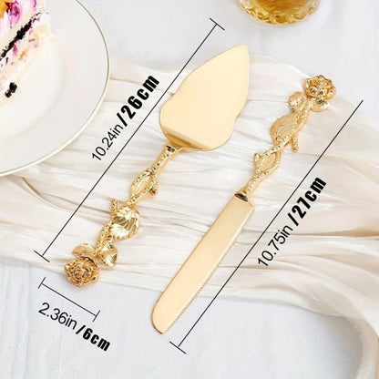 Cake Knife and Spatula Set with Rose Handle, Silver-Plated Dessert Server Gift Box Set for Wedding