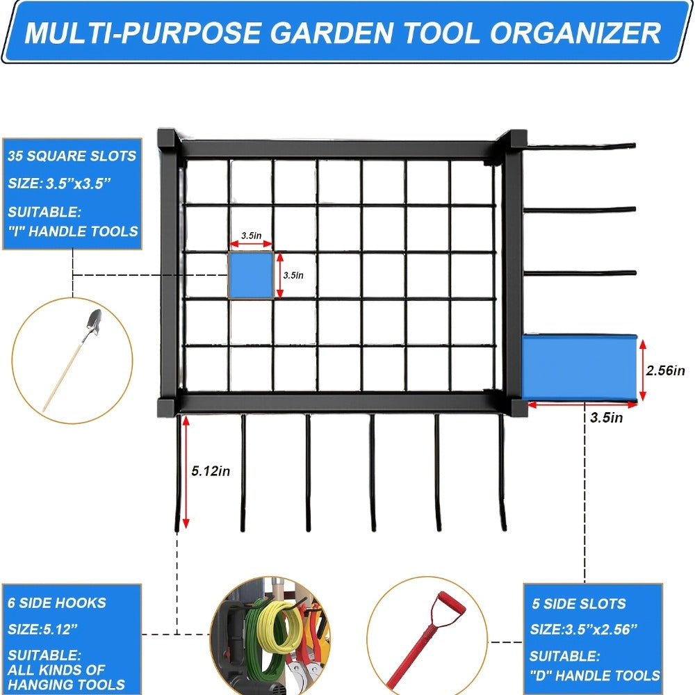 Tool Storage Rack with Storage Bag, Metal Yard Tool Organizer for Garage Holds 35 Long-Handled Tools