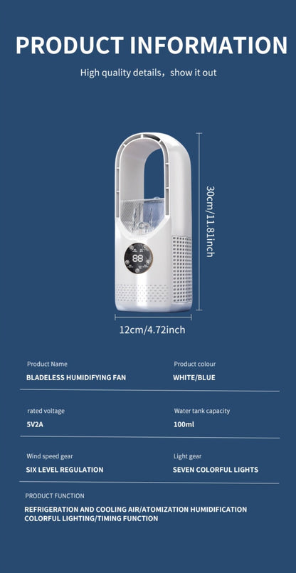 Portable Fan USB-Powered Bladeless Tower Model with Water Mist, Remote, Touch Controls and LED Light