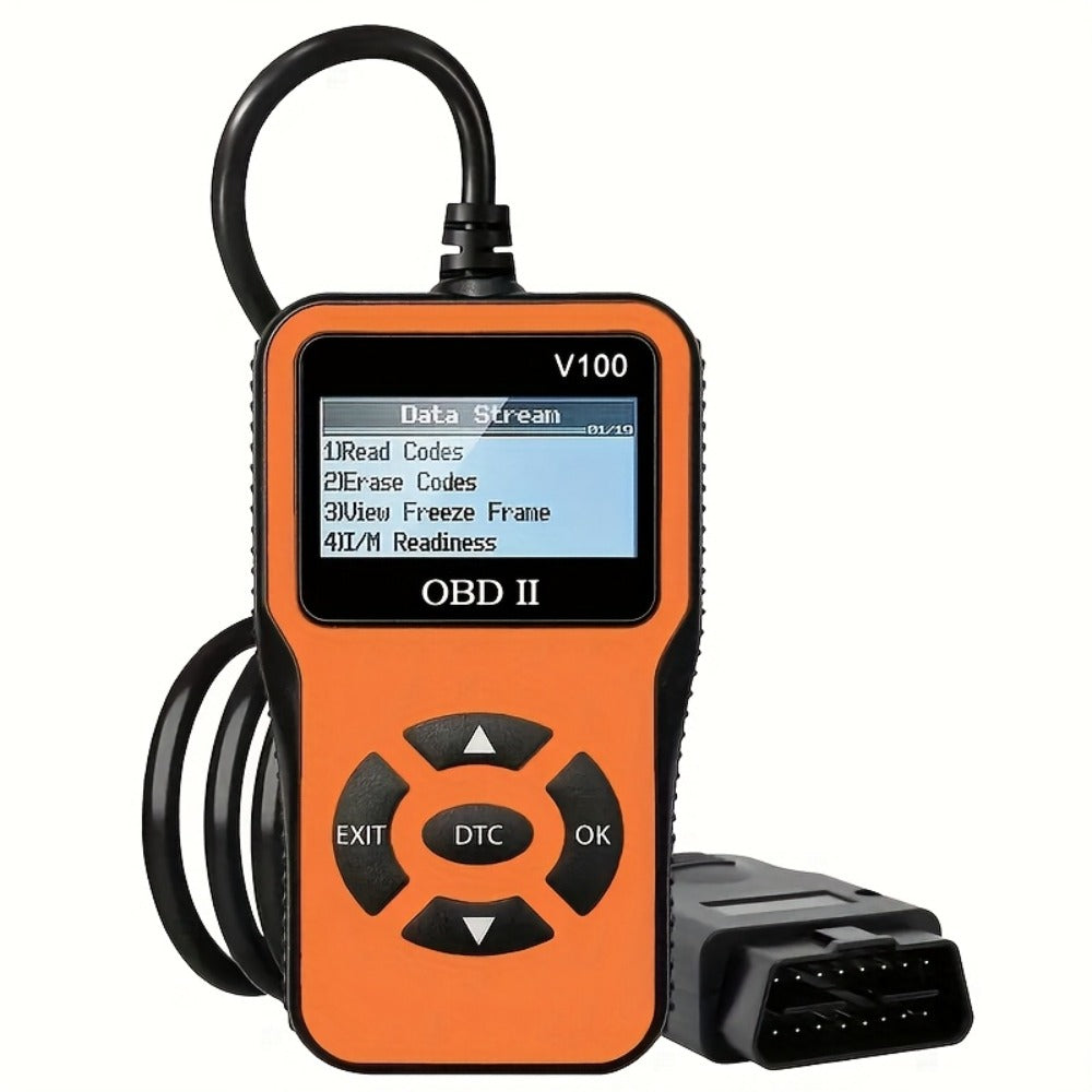 V100 OBD2 Scanner with Four-Line Menu, 12.4 x 7cm Body, Tethered 16-Pin Plug and Four Color Options