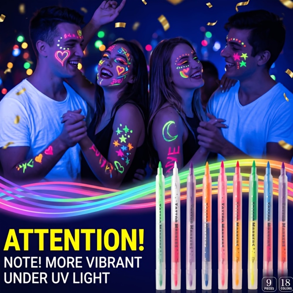 Face Body Paint Pens 18 Colors with Reusable Stencils, Washable Neon Glow in the Dark Skin-Safe Makeup Pens