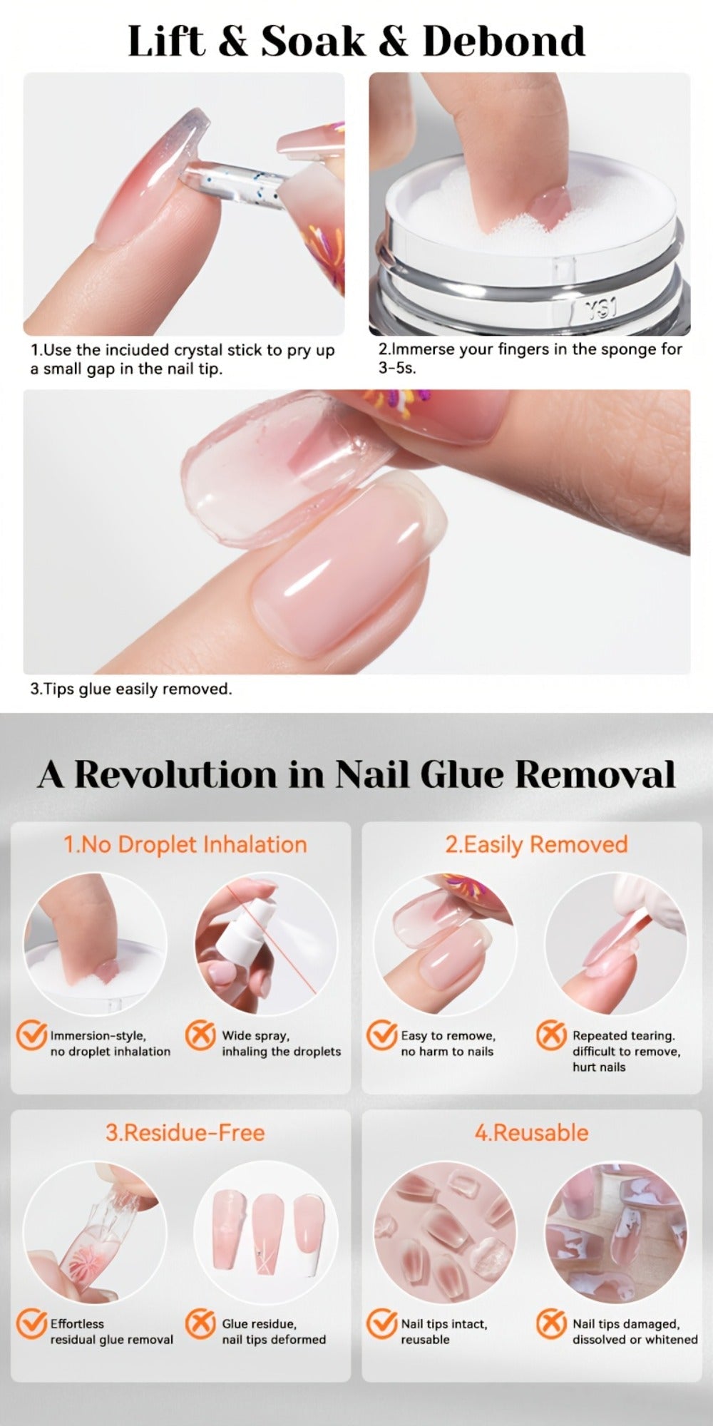 Press On Nail Debonder Remover 80ml – Fast 3-5 Second Soak-Off Liquid for False Tips, Rhinestone Glue Remover, No Damage Easy Dissolve