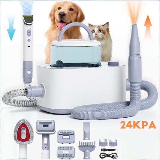 Pet Grooming Vacuum Kit 9-in-1 – 24KPa Dog Shedding Vacuum with Hair Dryer & Electric Clipper | Adjustable Speed & Temperature | 104oz Dust
