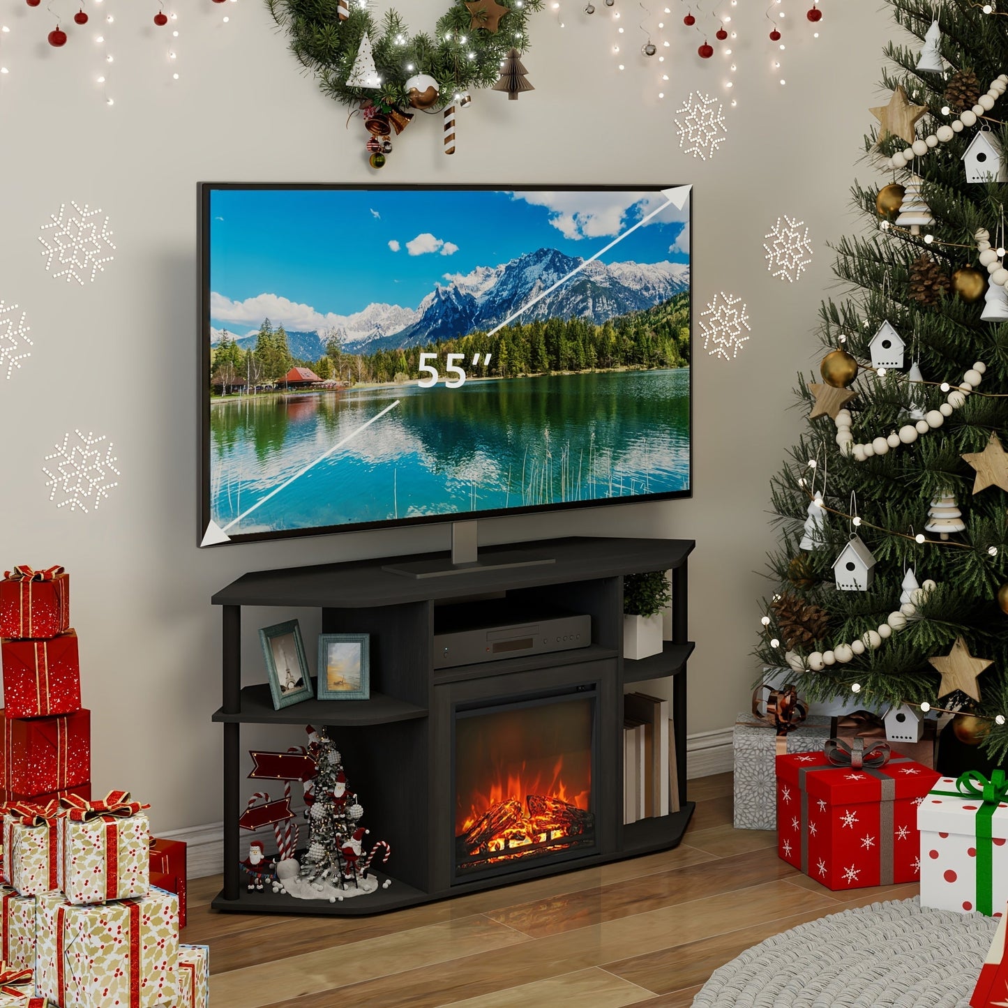 Corner TV Stand with Electric Fireplace, 55" Entertainment Center with Open Storage Shelves & Decorative Plastic Poles