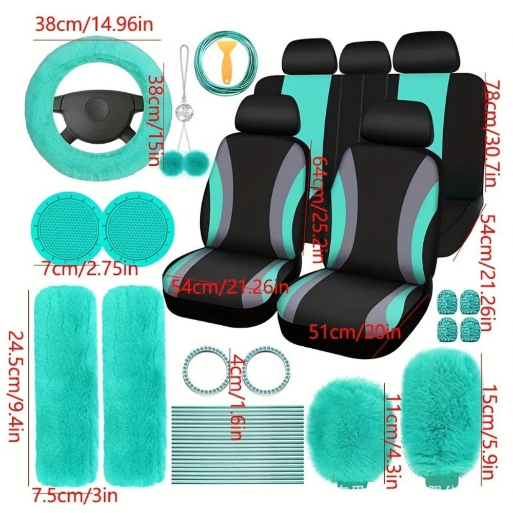 Car Interior Accessories Set for Women 45-Piece – Plush Steering Wheel Cover, Seat Cushion & Pendant, Universal Fit All Seasons