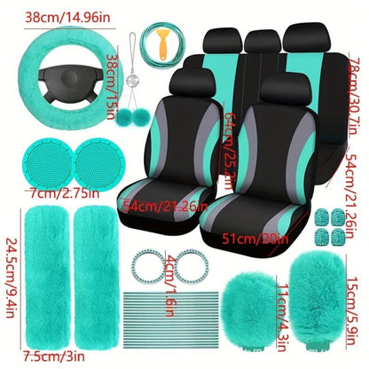 Car Interior Accessories Set for Women 45-Piece – Plush Steering Wheel Cover, Seat Cushion & Pendant, Universal Fit All Seasons