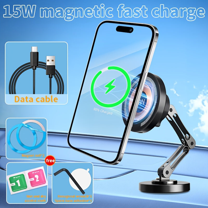 Magnetic Wireless Charging Car Mount with 15W Label, Folding Arm, 360-Degree Rotation and Black Finish
