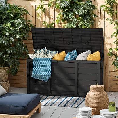 75-Gallon Low-Profile Outdoor Storage Box in Black with Hinged Lid, Side Handles and 41.4 x 18 x 21.3-Inch Size