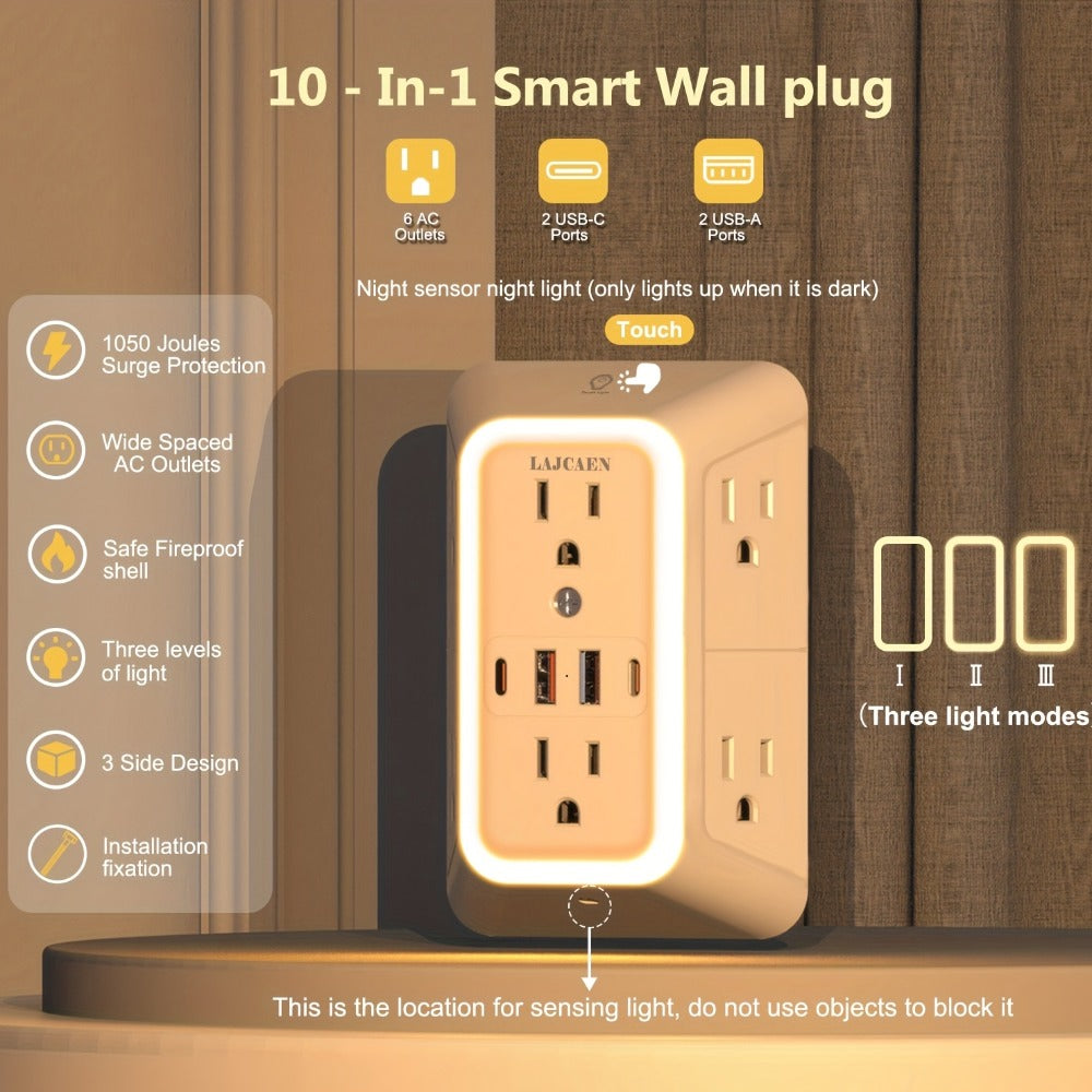 3-Sided Wall Outlet Extender 10-in-1 with 6 AC Outlets & 4 USB Ports (2 USB-A & 2 USB-C) for an Everyday Personal Care Routine