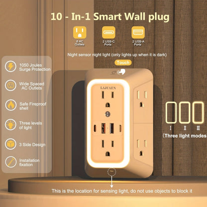 3-Sided Wall Outlet Extender 10-in-1 with 6 AC Outlets & 4 USB Ports (2 USB-A & 2 USB-C) for an Everyday Personal Care Routine