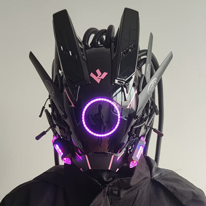 LED Cyberpunk Samurai Mask with Braids, Futuristic Sci-Fi Mechanical Face Mask for Halloween, Cosplay