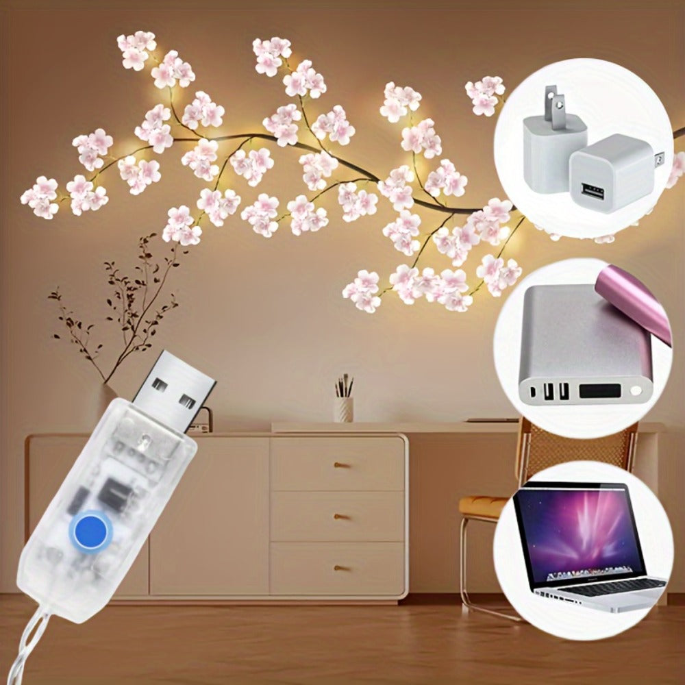 String Lights, Cherry Blossom Branch Chandelier with USB Power, Eight Modes and Four LED-and-Length Options