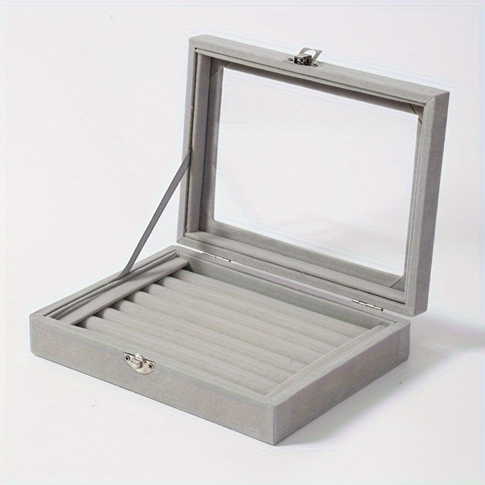 Jewelry Box with Locking Lid – 49-Ring Capacity Glass-Like Plastic Ring & Earring Organizer, Large Rectangular Storage Case