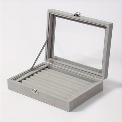 Jewelry Box with Locking Lid – 49-Ring Capacity Glass-Like Plastic Ring & Earring Organizer, Large Rectangular Storage Case