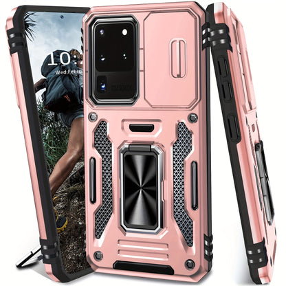 Samsung Galaxy Shockproof Magnetic Phone Case with 360° Rotating Ring Bracket & Sliding Lens Protector – Heavy Duty Cover for S24FE S23FE