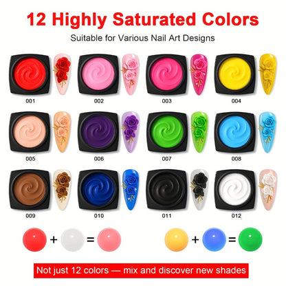 Nail Sculpting Gel Kit 3D 4D 12 Colors with Carving Pen – Firm Non-Sticky Soak-Off Sculpture Gel for Flowers, Leaves