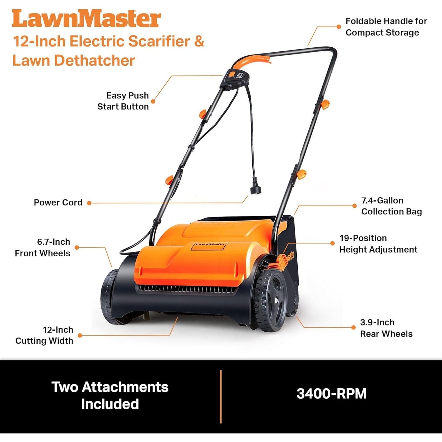 Electric Lawn Scarifier & Dethatcher 13" 12AMP 2-in-1 Aerator, 3400RPM Motor, 19 Cutting Positions