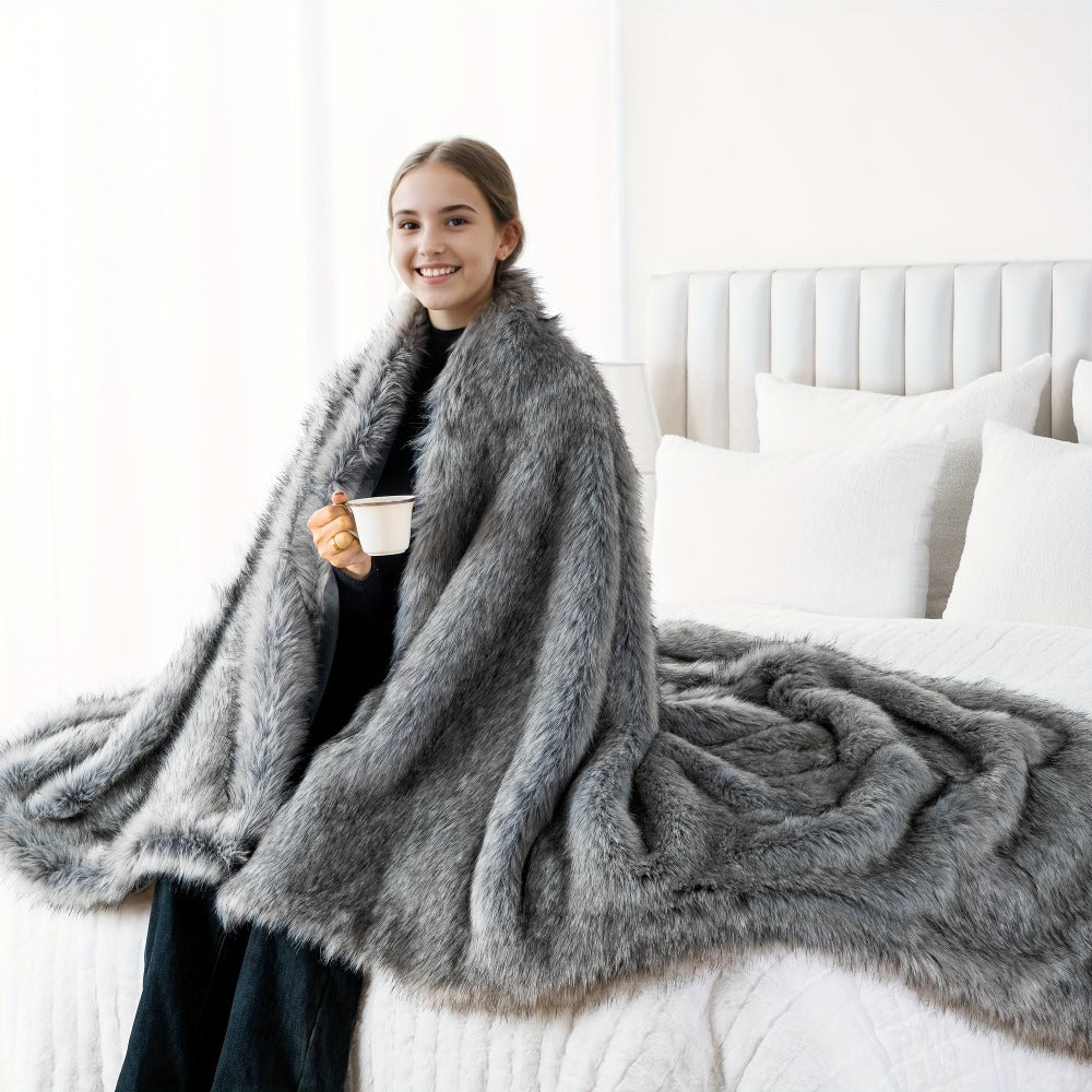 Long Hair Fluffy Reversible Plush Velvet Throw Blanket, 300-350gsm Elegant Throw for Couch & Bed