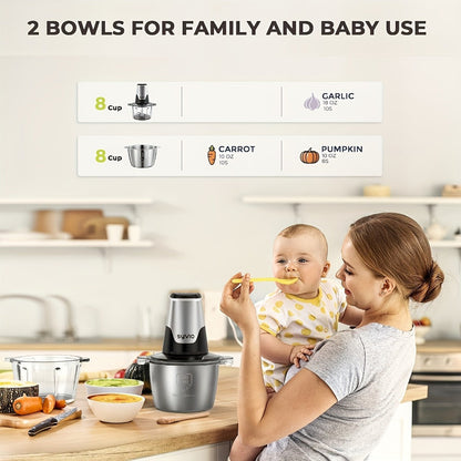 Mini Electric Food Processor 450W with 2 Bowls & 4 Bi-Level Blades, Meat Grinder & Vegetable Chopper for Baby Food