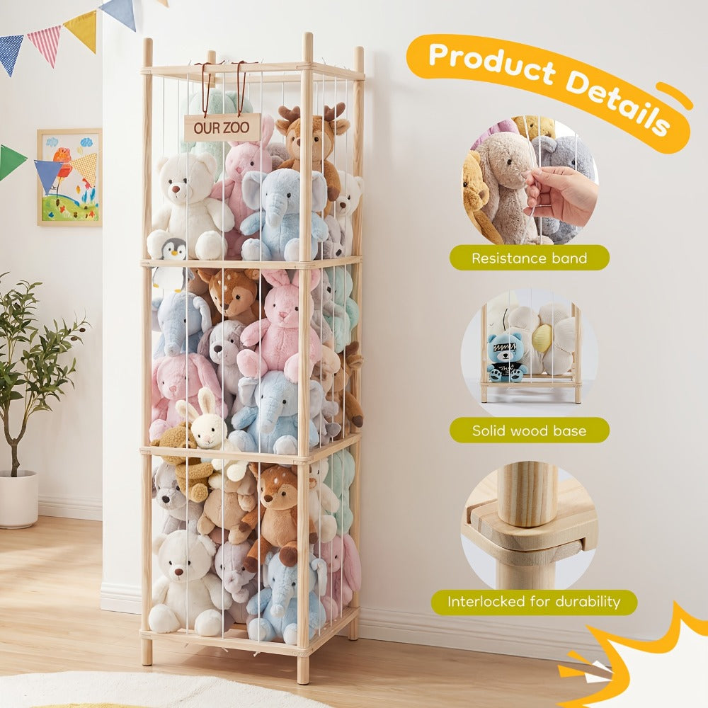 Four-Tier Stuffed Animal Storage Organizer with Rectangular Open Frame in Natural, White or Pink