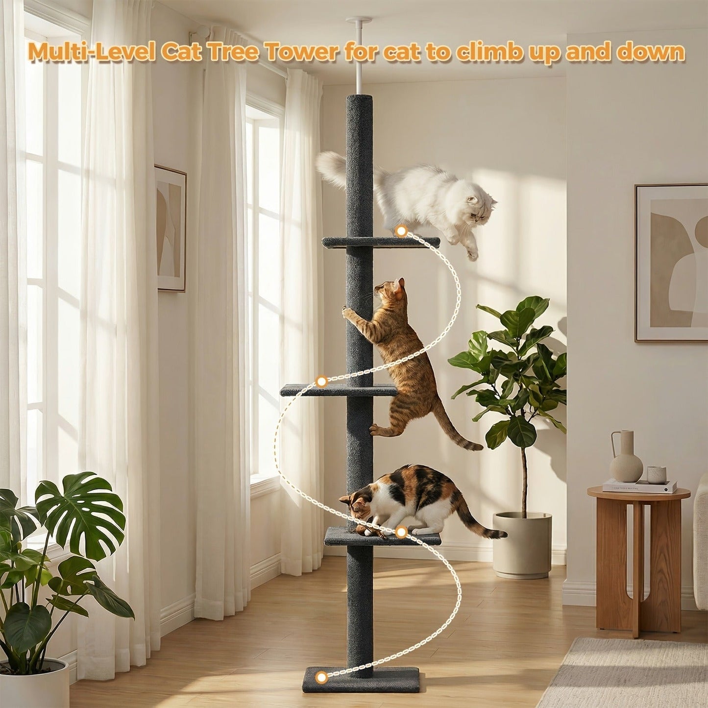 90-107.9-Inch Floor-to-Ceiling Cat Tree with Four Platforms, Tension Post and Five Style Options