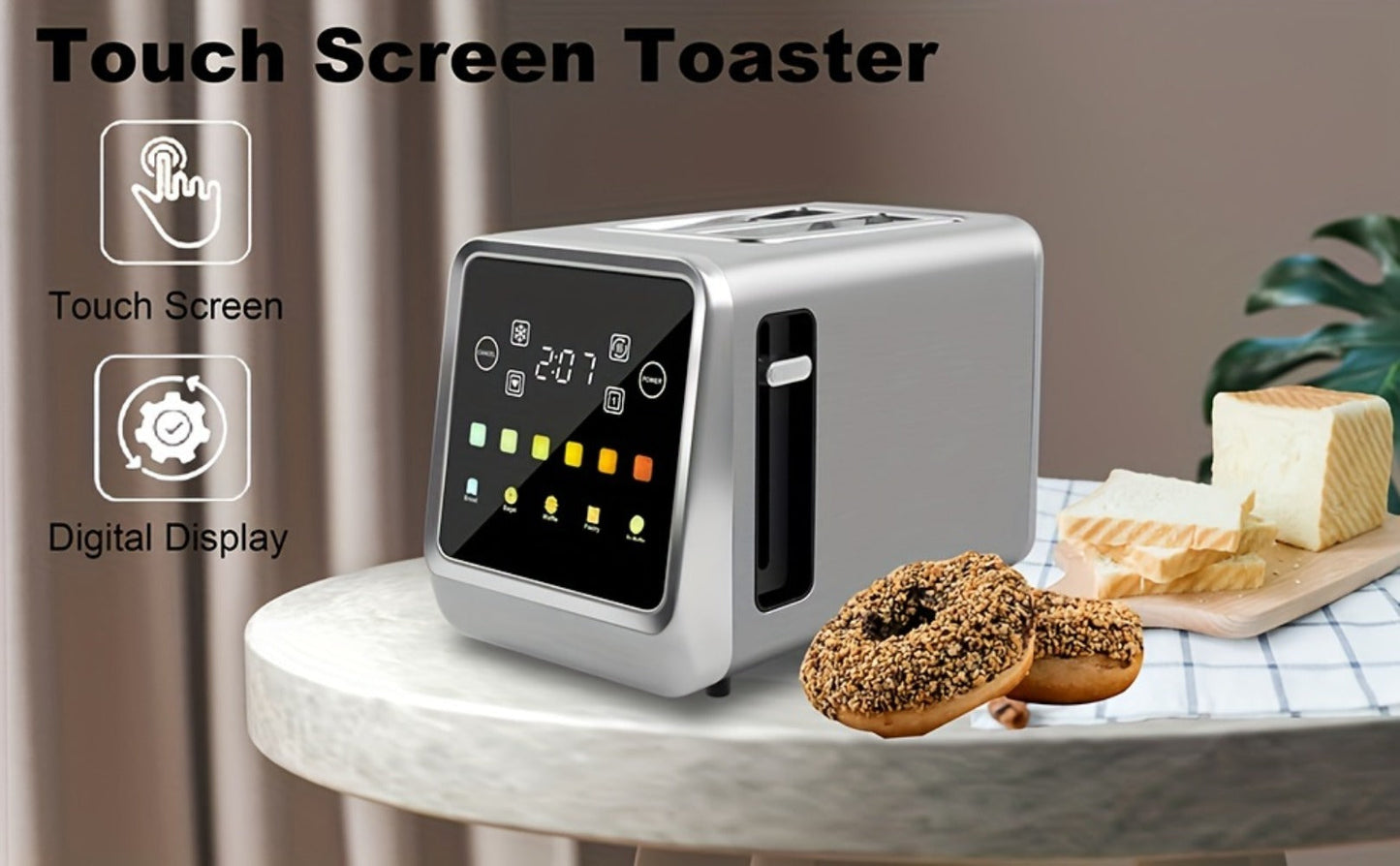 Digital Touch Screen Toaster 2 Slice Stainless Steel with 5 Bread Functions 7 Shade Settings for Home Cooking, Dining and Outdoor Meals