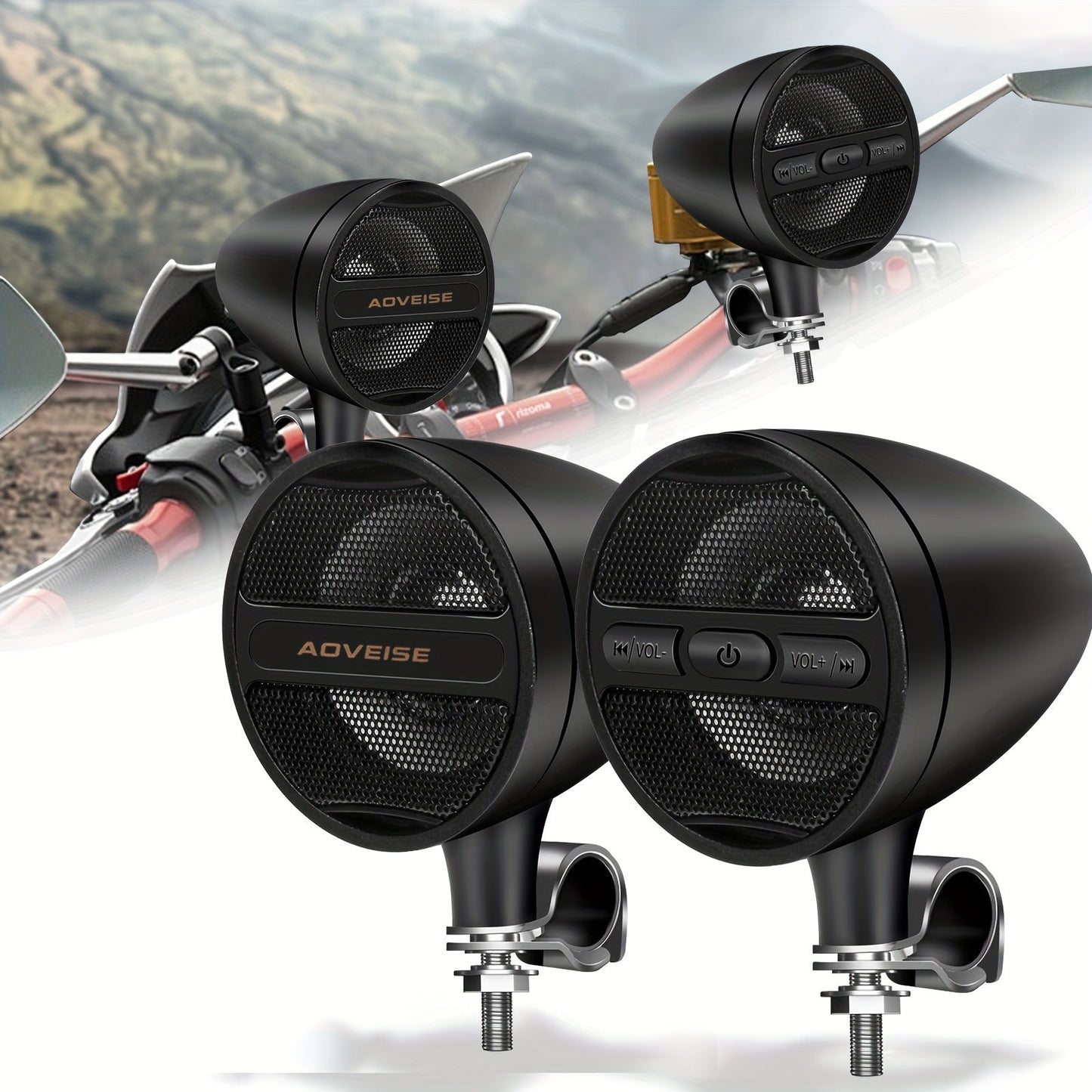 Motorcycle Bluetooth Stereo Speaker System with Built-In Amplifier – 3" Handlebar Mount Speakers, MP3 & USB, 12V, 20W×2 for ATV